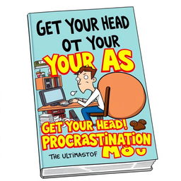 A quirky and engaging book cover design titled 'Get Your Head Out Your Ass: The Ultimate Book of Procrastination'