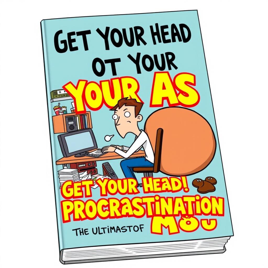 A quirky and engaging book cover design titled 'Get Your Head Out Your Ass: The Ultimate Book of Procrastination'