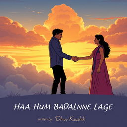 An illustration showcasing a man and a woman shaking hands, symbolizing unity and progress, set against a backdrop of beautiful, shifting clouds that represent change