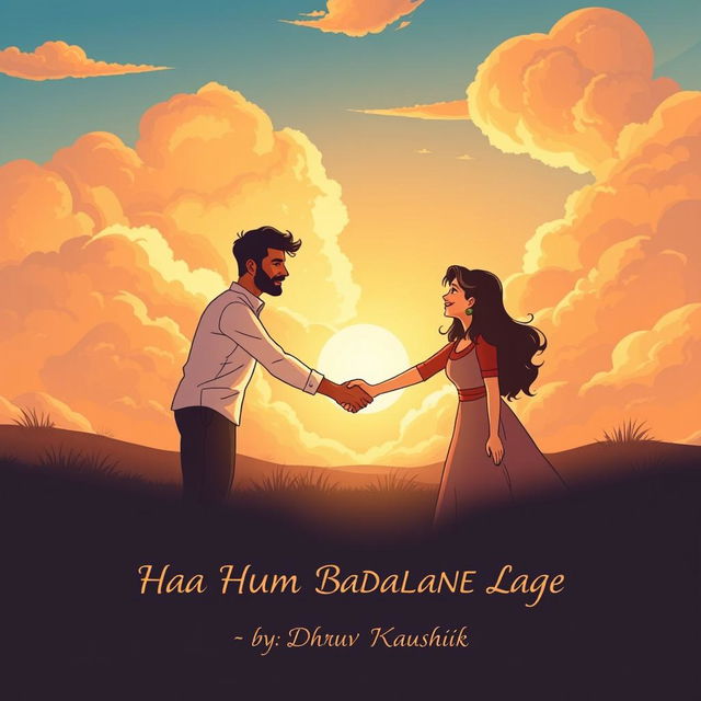 An illustration showcasing a man and a woman shaking hands, symbolizing unity and progress, set against a backdrop of beautiful, shifting clouds that represent change