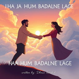 An illustration showcasing a man and a woman shaking hands, symbolizing unity and progress, set against a backdrop of beautiful, shifting clouds that represent change