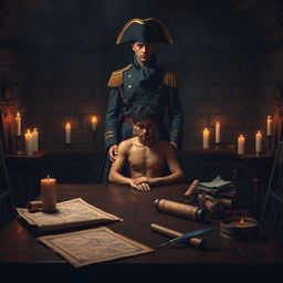 A dark historical scene depicting a fictional interrogation room during the time of Napoleon Bonaparte