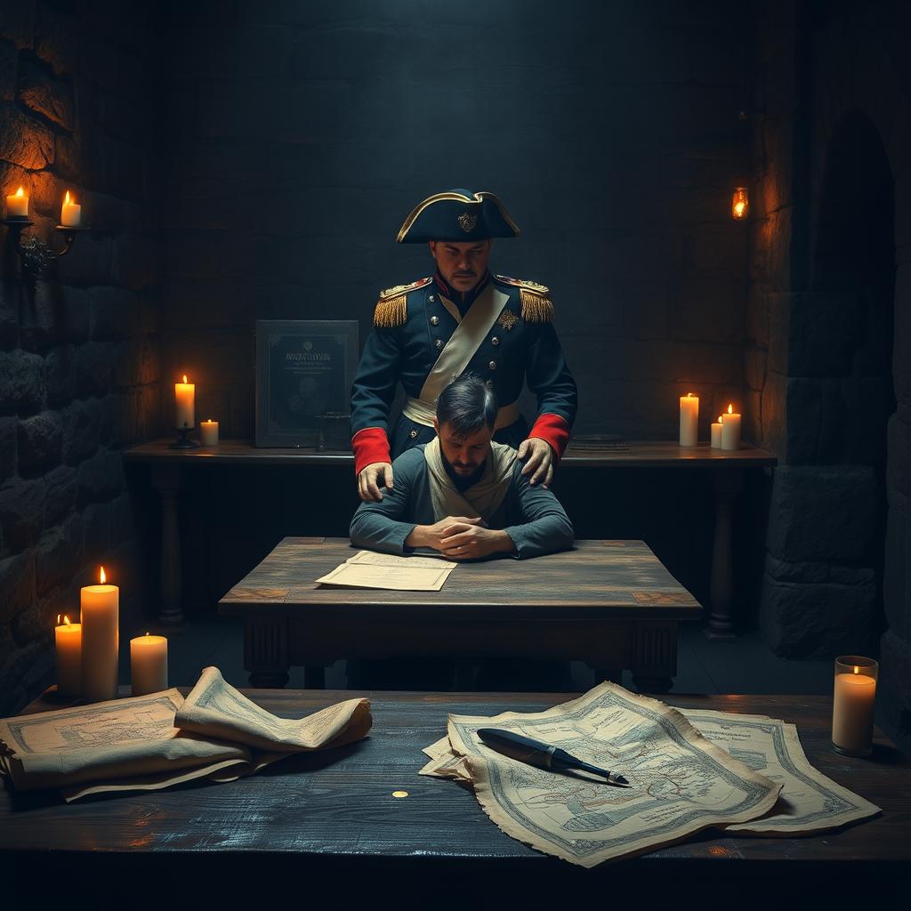 A dark historical scene depicting a fictional interrogation room during the time of Napoleon Bonaparte