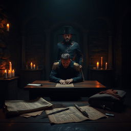 A dark historical scene depicting a fictional interrogation room during the time of Napoleon Bonaparte