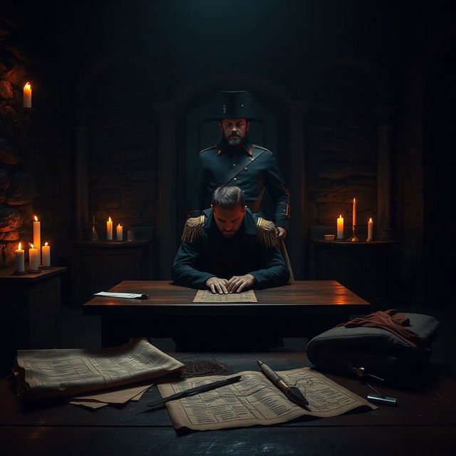 A dark historical scene depicting a fictional interrogation room during the time of Napoleon Bonaparte