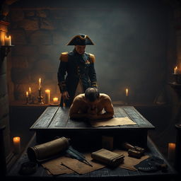 A dark historical scene depicting a fictional interrogation room during the time of Napoleon Bonaparte