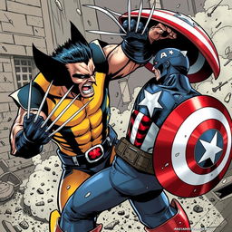 A dynamic comic book style illustration of Wolverine engaging in an intense battle against Captain America, showcasing their fierce rivalry