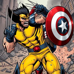 A dynamic comic book style illustration of Wolverine engaging in an intense battle against Captain America, showcasing their fierce rivalry