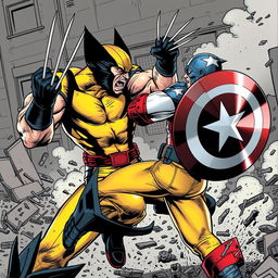 A dynamic comic book style illustration of Wolverine engaging in an intense battle against Captain America, showcasing their fierce rivalry