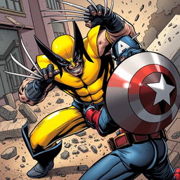 A dynamic comic book style illustration of Wolverine engaging in an intense battle against Captain America, showcasing their fierce rivalry