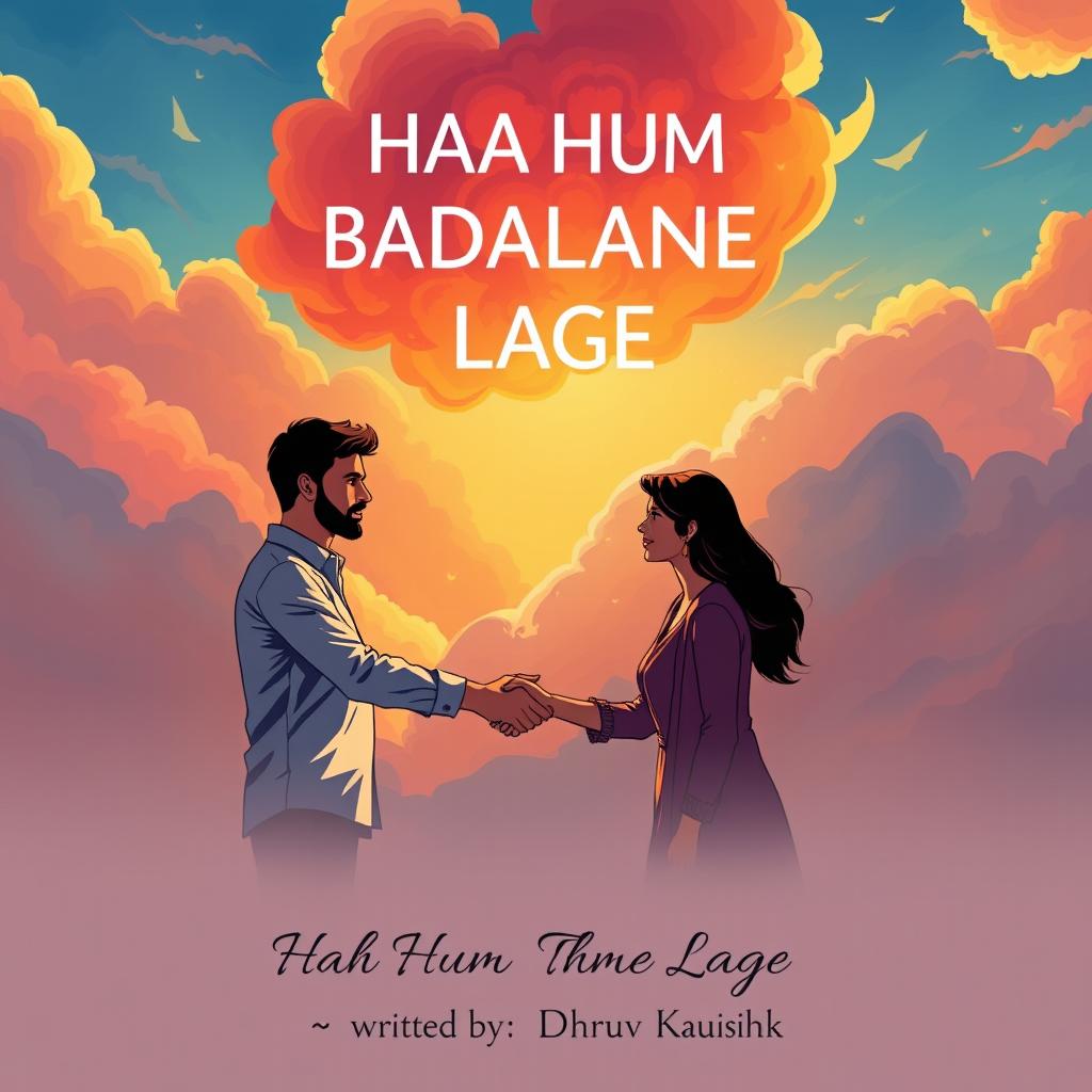 An illustration featuring a man and a woman shaking hands, representing partnership and positive change, under a sky filled with colorful, billowing clouds that symbolize transformation