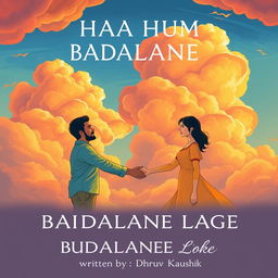 An illustration featuring a man and a woman shaking hands, representing partnership and positive change, under a sky filled with colorful, billowing clouds that symbolize transformation