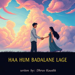 An illustration featuring a man and a woman shaking hands, representing partnership and positive change, under a sky filled with colorful, billowing clouds that symbolize transformation