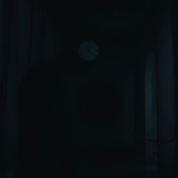 A dark and intense scene depicting a mysterious, grim setting with shadows cast across a dimly lit room