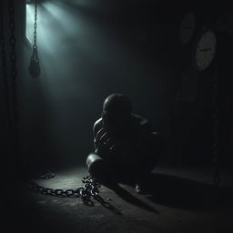 A dark and intense scene depicting a mysterious, grim setting with shadows cast across a dimly lit room