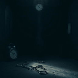 A dark and intense scene depicting a mysterious, grim setting with shadows cast across a dimly lit room