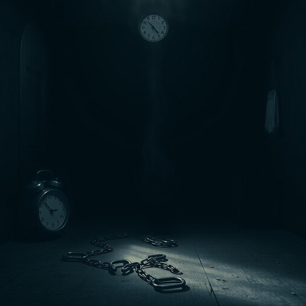A dark and intense scene depicting a mysterious, grim setting with shadows cast across a dimly lit room