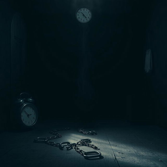 A dark and intense scene depicting a mysterious, grim setting with shadows cast across a dimly lit room