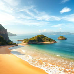 A breathtaking coastal scene featuring a sunny beach with soft golden sand, waves gently lapping against the shore