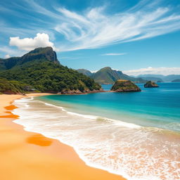 A breathtaking coastal scene featuring a sunny beach with soft golden sand, waves gently lapping against the shore