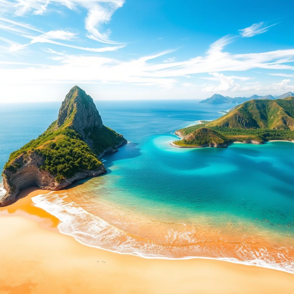 A breathtaking coastal scene featuring a sunny beach with soft golden sand, waves gently lapping against the shore