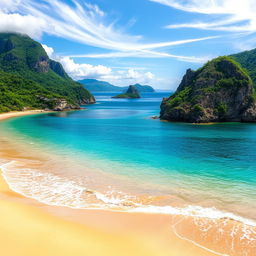 A breathtaking coastal scene featuring a sunny beach with soft golden sand, waves gently lapping against the shore