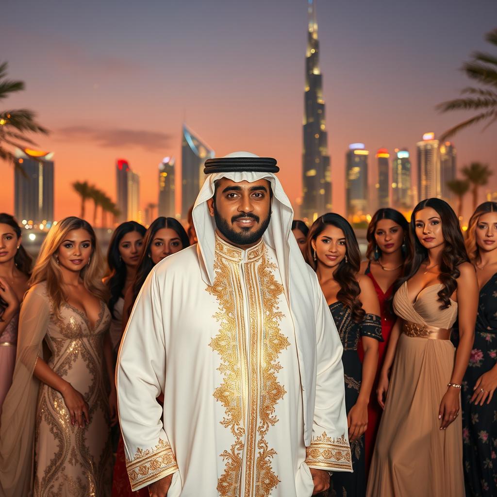 A lavish scene featuring a wealthy Dubai sheikh surrounded by an elegant group of women