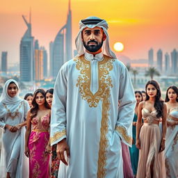 A lavish scene featuring a wealthy Dubai sheikh surrounded by an elegant group of women