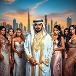 A lavish scene featuring a wealthy Dubai sheikh surrounded by an elegant group of women