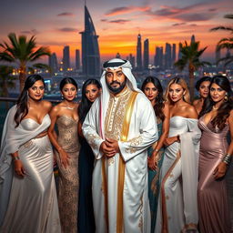 A lavish scene featuring a wealthy Dubai sheikh surrounded by an elegant group of women