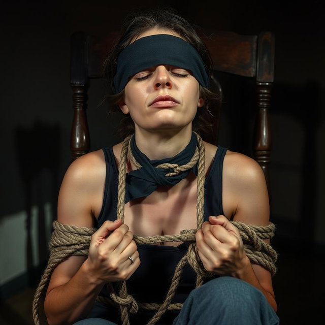 A dramatic scene depicting a woman tied to a chair, under intense emotional stress