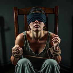 A dramatic scene depicting a woman tied to a chair, under intense emotional stress