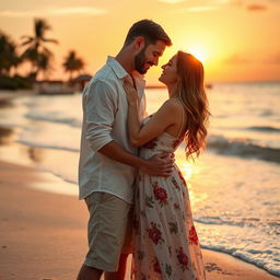 A romantic couple embracing on a beautiful sunset beach