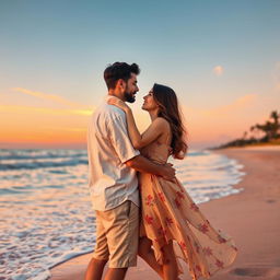 A romantic couple embracing on a beautiful sunset beach