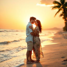 A romantic couple embracing on a beautiful sunset beach