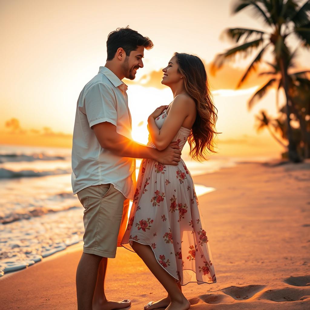 A romantic couple embracing on a beautiful sunset beach