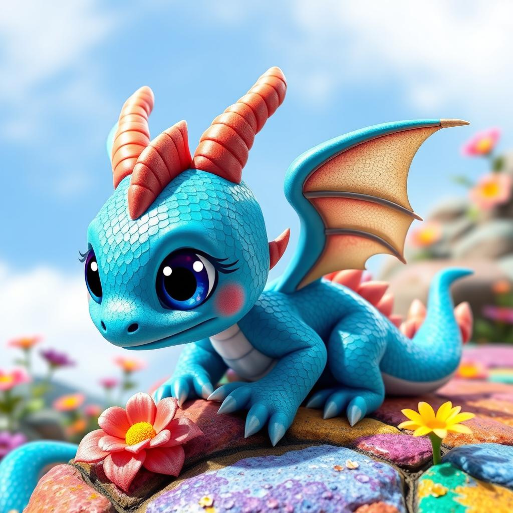 A cute blue dragon inspired by Dragon Mania, featuring large sparkling eyes, tiny wings, and a playful expression