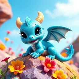 A cute blue dragon inspired by Dragon Mania, featuring large sparkling eyes, tiny wings, and a playful expression