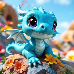 A cute blue dragon inspired by Dragon Mania, featuring large sparkling eyes, tiny wings, and a playful expression