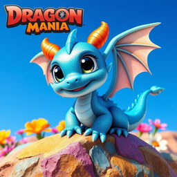 A cute blue dragon inspired by Dragon Mania, featuring large sparkling eyes, tiny wings, and a playful expression