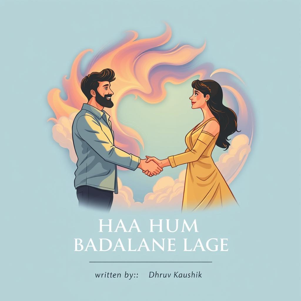An engaging illustration depicting a man and a woman shaking hands, symbolizing partnership and mutual growth, with a backdrop of vibrant, swirling clouds that epitomize change and transformation