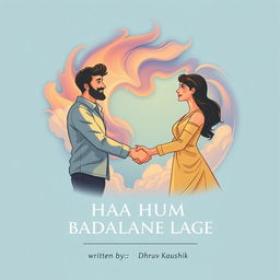 An engaging illustration depicting a man and a woman shaking hands, symbolizing partnership and mutual growth, with a backdrop of vibrant, swirling clouds that epitomize change and transformation