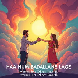 An engaging illustration depicting a man and a woman shaking hands, symbolizing partnership and mutual growth, with a backdrop of vibrant, swirling clouds that epitomize change and transformation