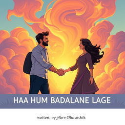 An engaging illustration depicting a man and a woman shaking hands, symbolizing partnership and mutual growth, with a backdrop of vibrant, swirling clouds that epitomize change and transformation