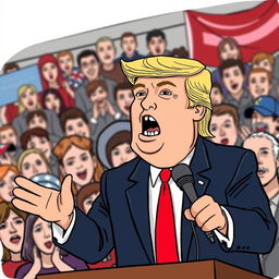 A political figure resembling Donald Trump, depicted with a Pepe meme face, passionately giving a speech in front of a crowd of people