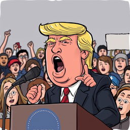 A political figure resembling Donald Trump, depicted with a Pepe meme face, passionately giving a speech in front of a crowd of people