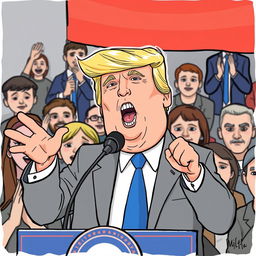A political figure resembling Donald Trump, depicted with a Pepe meme face, passionately giving a speech in front of a crowd of people