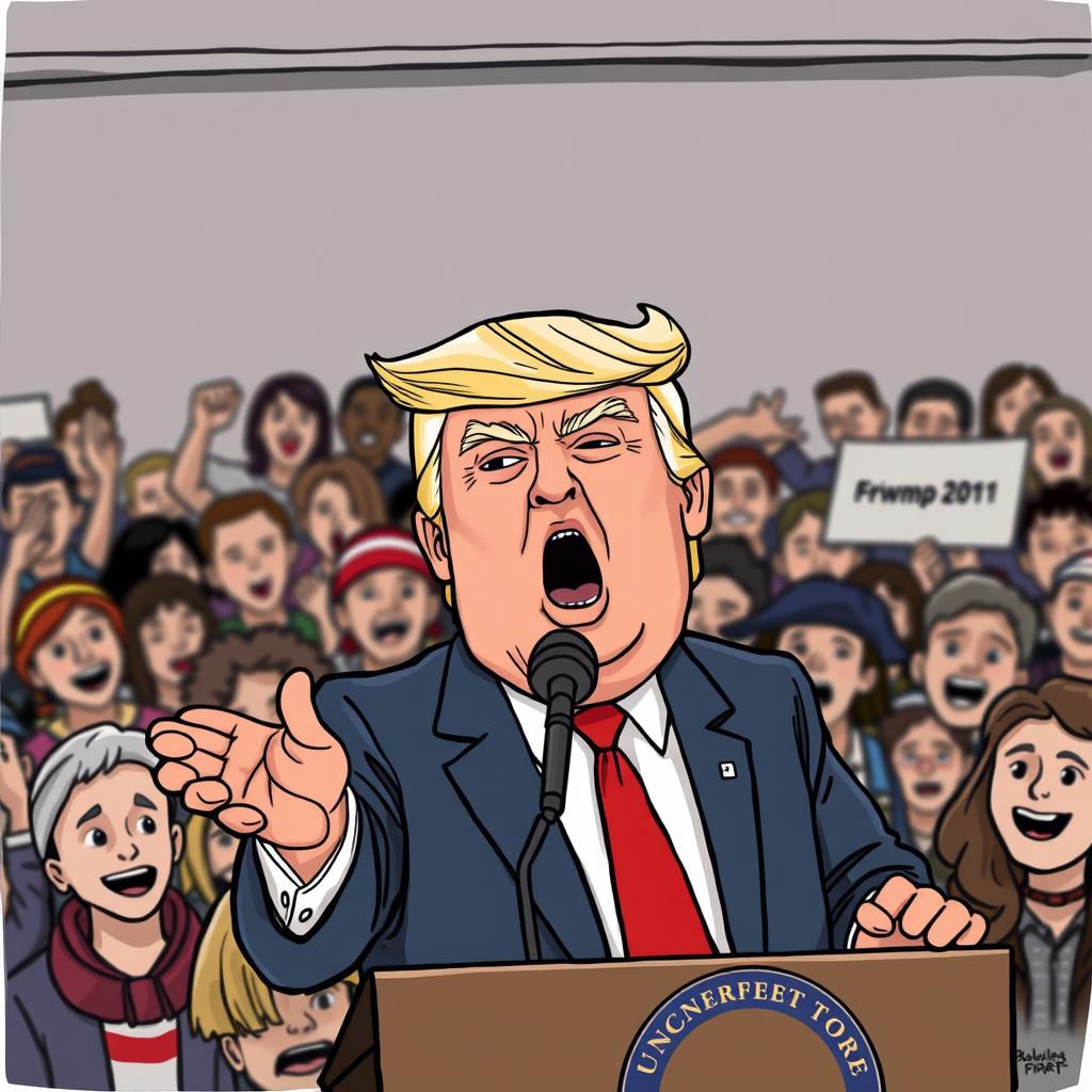 A political figure resembling Donald Trump, depicted with a Pepe meme face, passionately giving a speech in front of a crowd of people