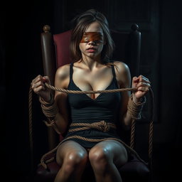 A dramatic scene depicting a woman tied to a chair, her hands and feet bound tightly with rugged ropes