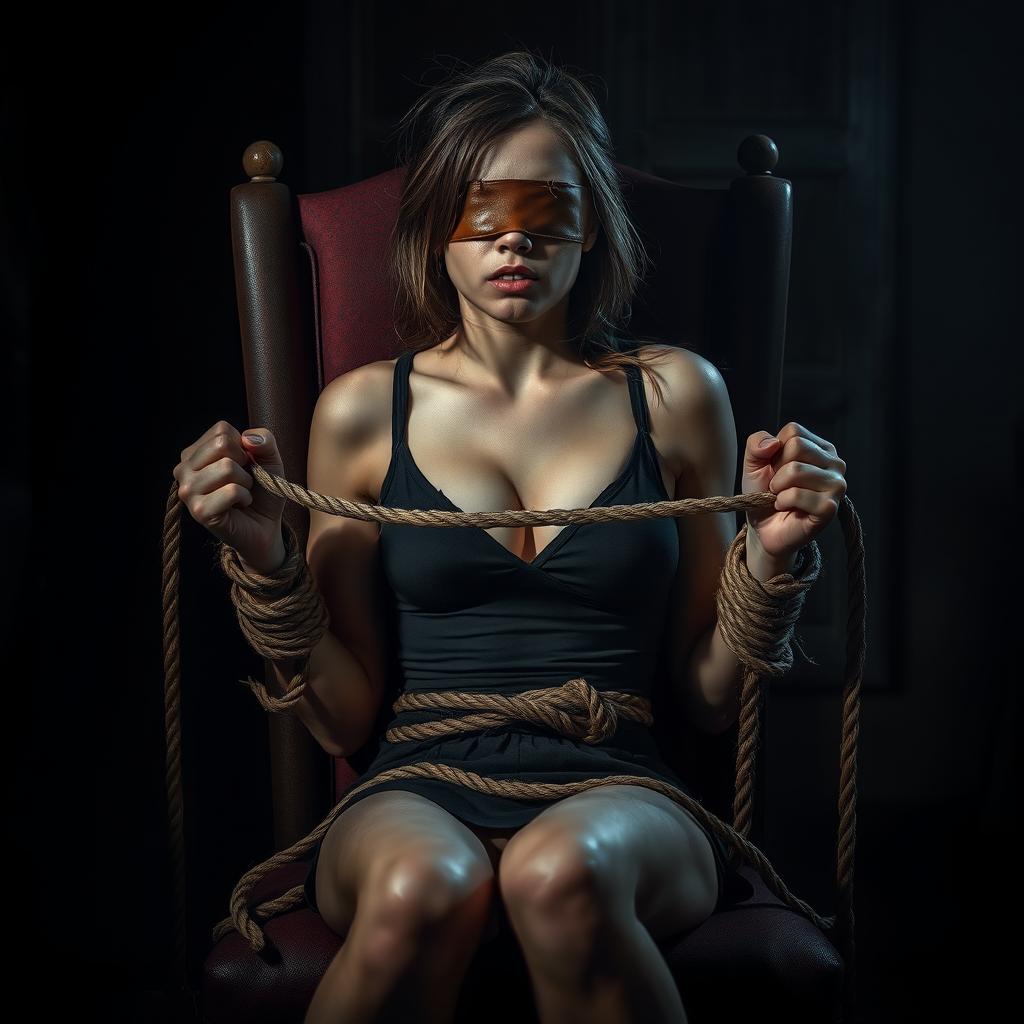A dramatic scene depicting a woman tied to a chair, her hands and feet bound tightly with rugged ropes